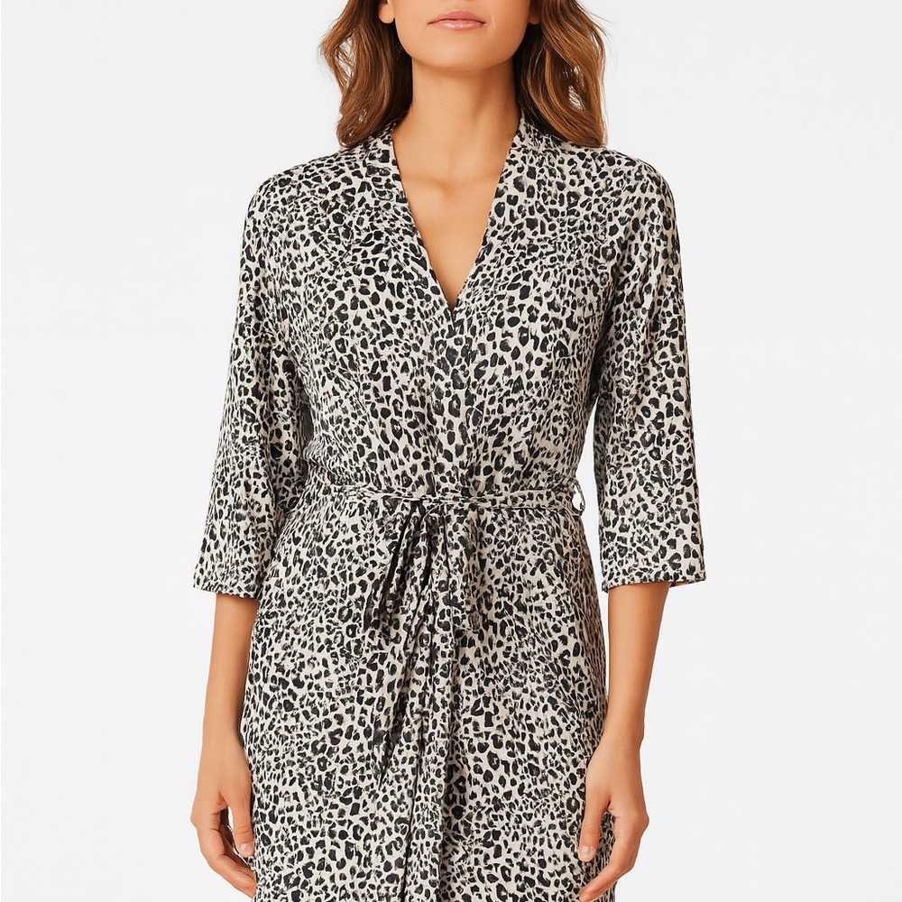René Rofé Leopard Print Robe L Belted Lounge Soft Jersey Knit 3/4 Sleeve 34” - Picture 3 of 9
